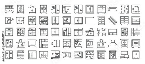Collection of various cabinet furniture designs and icons in black line art