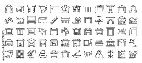 Collection of various outdoor structure icons and construction tools
