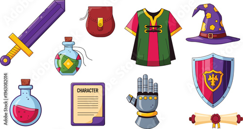 Set of 12 Fantasy and Medieval Icons Including Sword, Shield, Potion, Hat, and More for Fantasy Games, Adventure, and Roleplaying Designs