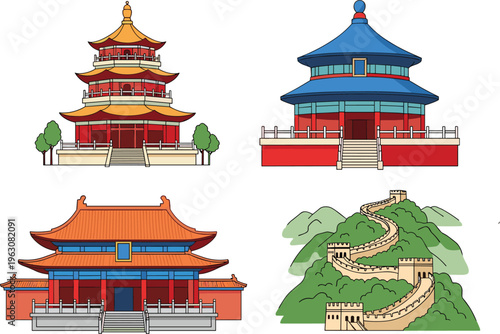 Chinese architecture illustration traditional temples pagoda and Great Wall landmarks cultural heritage buildings colorful vector isolated on white background design