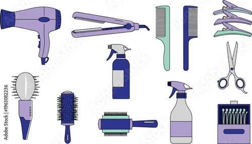 Set of 12 Hairdressing Tools and Salon Equipment Icons Including Hair Dryer, Scissors, Combs, and More for Hair Styling, Salon, and Beauty Design Projects