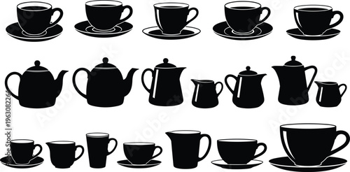 Tea and coffee cup silhouette vector set, teapot mug collection, hot drink icons for cafe menu, kitchen, beverage branding