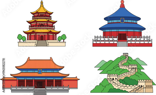 Chinese landmarks illustration traditional temples pagoda and Great Wall cultural heritage architecture colorful vector icons isolated on white background