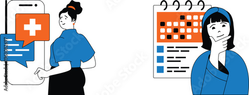 Two women using digital health app and calendar for scheduling and medical reminders together