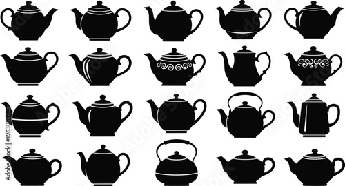 Teapot silhouette vector set, vintage and modern tea pot collection, kitchen drinkware icons for cafe menu, branding, design