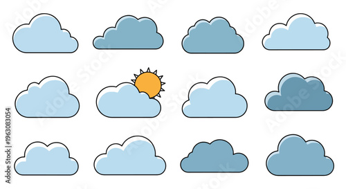 Weather forecast symbols with sun and various clouds in blue shades on a plain surface
