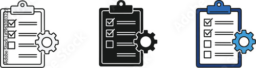 Three variations of a clipboard icon with checklist and gear symbols illustrating task management high quality