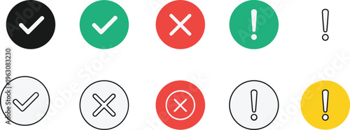 Colorful circular icons displaying checkmarks x marks exclamation points and empty circles high quality professional detailed