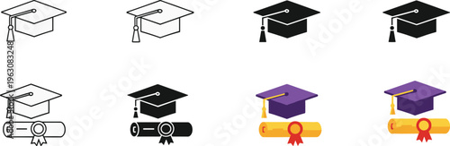 Variations of graduation caps and diplomas displayed in different colors and styles high quality professional detailed
