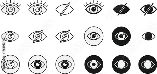 Collection of stylized eye icons in black and white some with a line crossing them