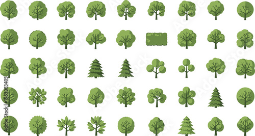 This image features a grid of different stylized tree icons in a flat design style. The collection includes various shapes and sizes, representing both deciduous and coniferous trees, set against a cl