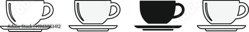 Four white and black teacups with saucers are displayed in a simple graphic arrangement high quality