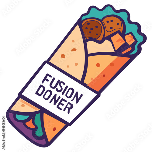 Modern Takeaway Doner Kebab Wrap in Branded Paper Packaging Sleeve. A professional vector illustration of a contemporary fusion doner kebab or shawarma wrap, specifically designed for takeaway 