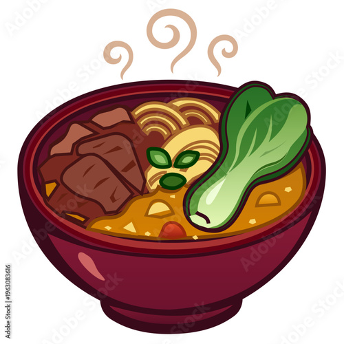 Hot Asian Fusion Meat and Vegetable Soup Bowl with Bok Choy. A high-quality vector illustration of a steaming hot, nutritious meat and vegetable soup bowl, representing the popular "Fusion Food" 
