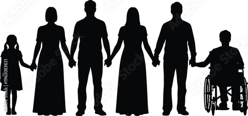 Family silhouettes holding hands with child and wheelchair person isolated on white background unity diversity inclusion concept vector illustration
