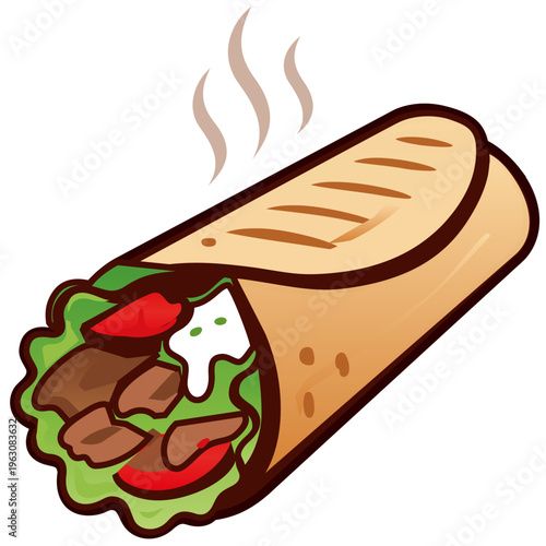 Hot Grilled Shawarma Wrap with Steam Lines and Toasted Grill Marks. A dynamic and appetizing vector illustration of a grilled shawarma or doner kebab wrap shown from a 3D isometric perspective. 