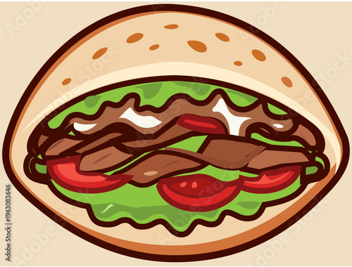 Traditional Turkish Doner Kebab in Round Fladenbrot Bun. A classic and clean vector illustration of a doner kebab sandwich, traditionally served in a sliced round sesame-seeded fladenbrot bun. 