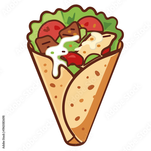 Appetizing Doner Kebab Wrap with Garlic Yogurt Sauce Drizzle. A mouth-watering vector illustration of a classic doner kebab or shawarma wrap, focusing on the rich variety of its internal ingredients. 