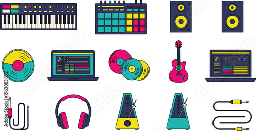Set of 12 Music Production and Audio Equipment Icons Including Keyboard, Speakers, Guitar, Laptop, Headphones, and More for Music Production, DJing, and Studio Designs
