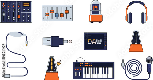 Set of 12 Music Production and Sound Equipment Icons Including DAW, Keyboard, Microphone, Headphones, and More for Audio, Music Studio, and Recording Design Projects