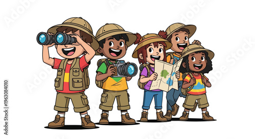 Diverse group of children exploring outdoors.