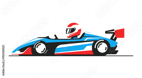 Racing car with driver wearing helmet.