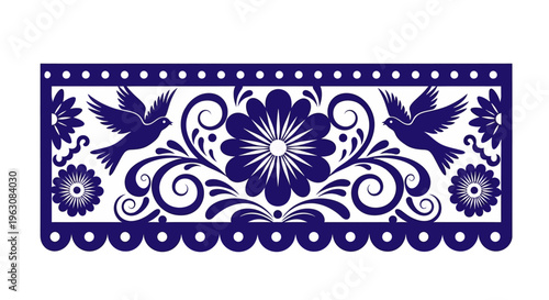 Traditional Mexican Talavera style floral and bird design in blue and white.