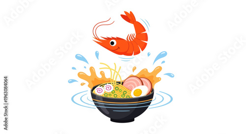 Shrimp jumping out of noodle bowl.