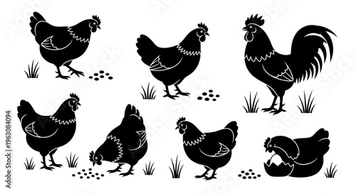 Collection of various chicken and rooster silhouettes on a farm.