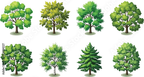 A collection of eight different stylized cartoon trees isolated on a white background, including deciduous and coniferous varieties