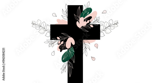 Black cross adorned with delicate floral and leaf illustrations.