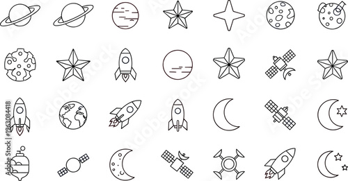 Space line icons collection with planets rockets satellites stars and moon outline vector illustration set