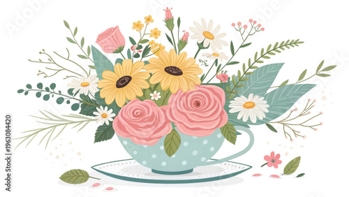 Whimsical floral mix blooming from a teacup bright pastel colors background 