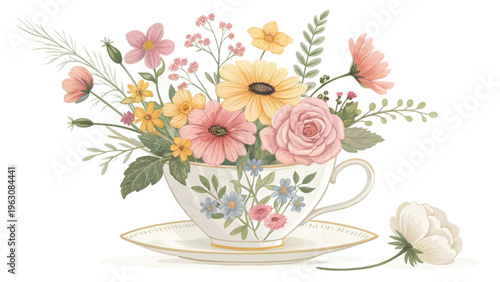 Whimsical floral mix blooming from a teacup bright pastel colors background 