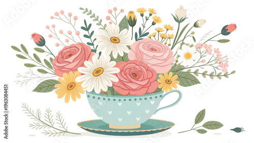 Whimsical floral mix blooming from a teacup bright pastel colors background 