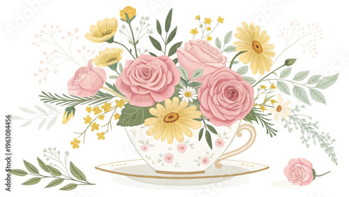 Whimsical floral mix blooming from a teacup bright pastel colors background 