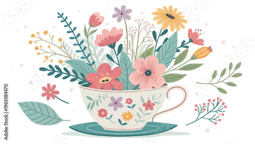 Whimsical floral mix blooming from a teacup bright pastel colors background 