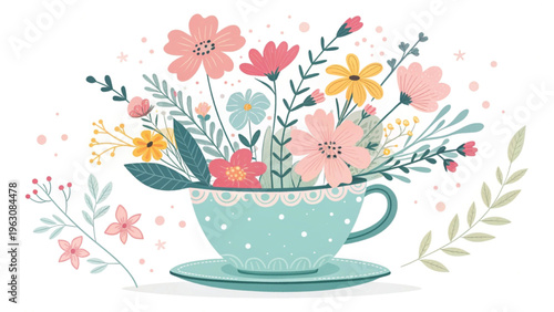 Whimsical floral mix blooming from a teacup bright pastel colors background 