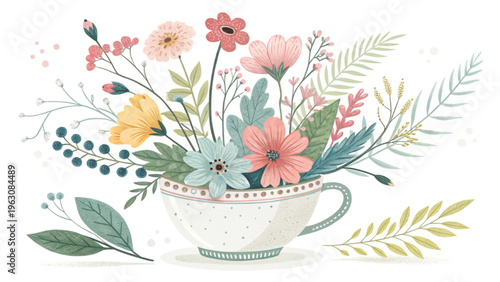 Whimsical floral mix blooming from a teacup bright pastel colors background 