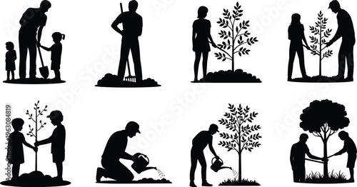 Black silhouette set of diverse people planting trees gardening and watering saplings for environmental conservation sustainability reforestation and family outdoor nature 