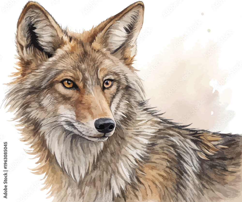 Obraz premium Hand-Painted Coyote Watercolor, Woodland Predator Vector, Isolated Clipart