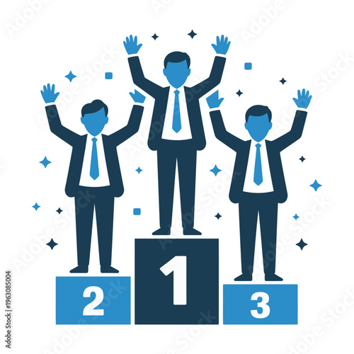 Three businessmen standing on a vector winner's podium celebrating their achievements in a competition.