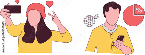 People engaging with social media metrics and interaction through mobile devices and gestures in vibrant style