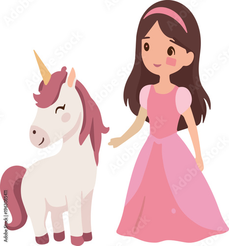 Cute princess girl with unicorn cartoon characters magical fairytale vector illustration