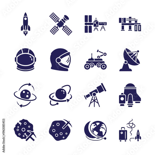 Space exploration and astronomy icons in dark blue flat style