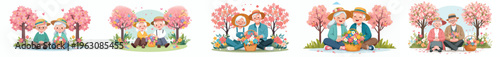 vector old couple sitting together on floor with basket of flowers in spring