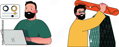 Two men demonstrating contrasting approaches to work and productivity with one using technology and the other cleaning enthusiastically