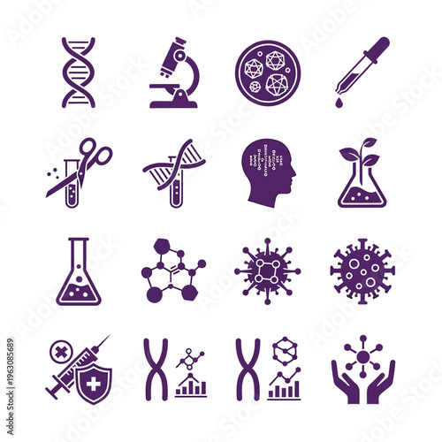 Scientific research and laboratory biotechnology glyph vector icons