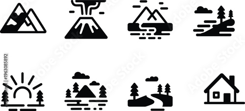 Nature Landscape Icon Set Featuring Mountain Peaks Volcano Eruptions Forest Trails Sunrise Over Trees and Minimalist House Silhouettes for Outdoor Adventure Branding Travel and Environmental Graphics