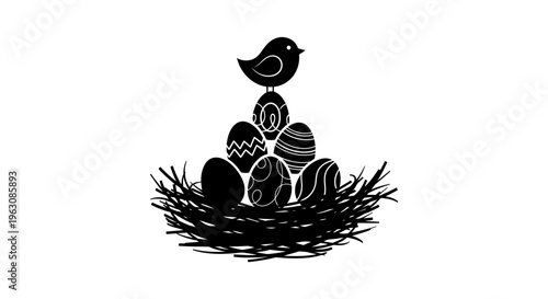 Bird Perched on Stack of Decorated Easter Eggs in a Nest.